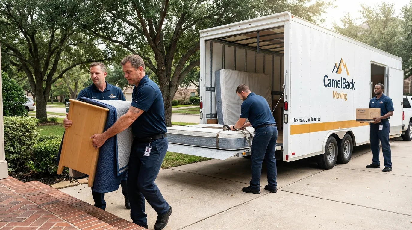 Crew loading residential truck for cross-state move from Baxter, MN