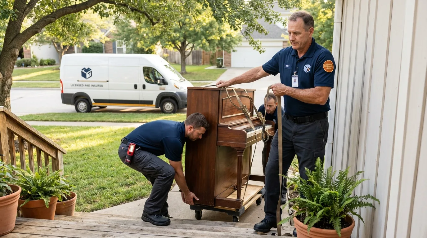Licensed piano movers securing grand piano in Baxter, MN