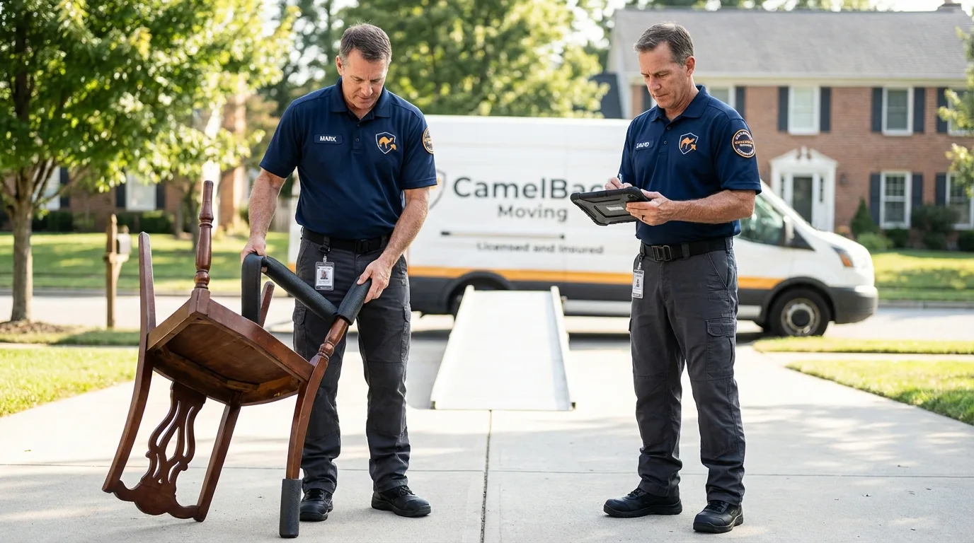 Movers inspecting furniture for damage prevention before loading in Baxter, MN