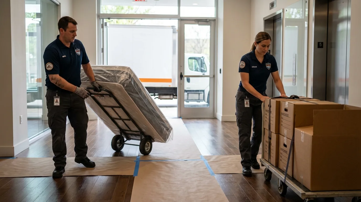 Professional apartment movers loading elevator in Baxter, MN