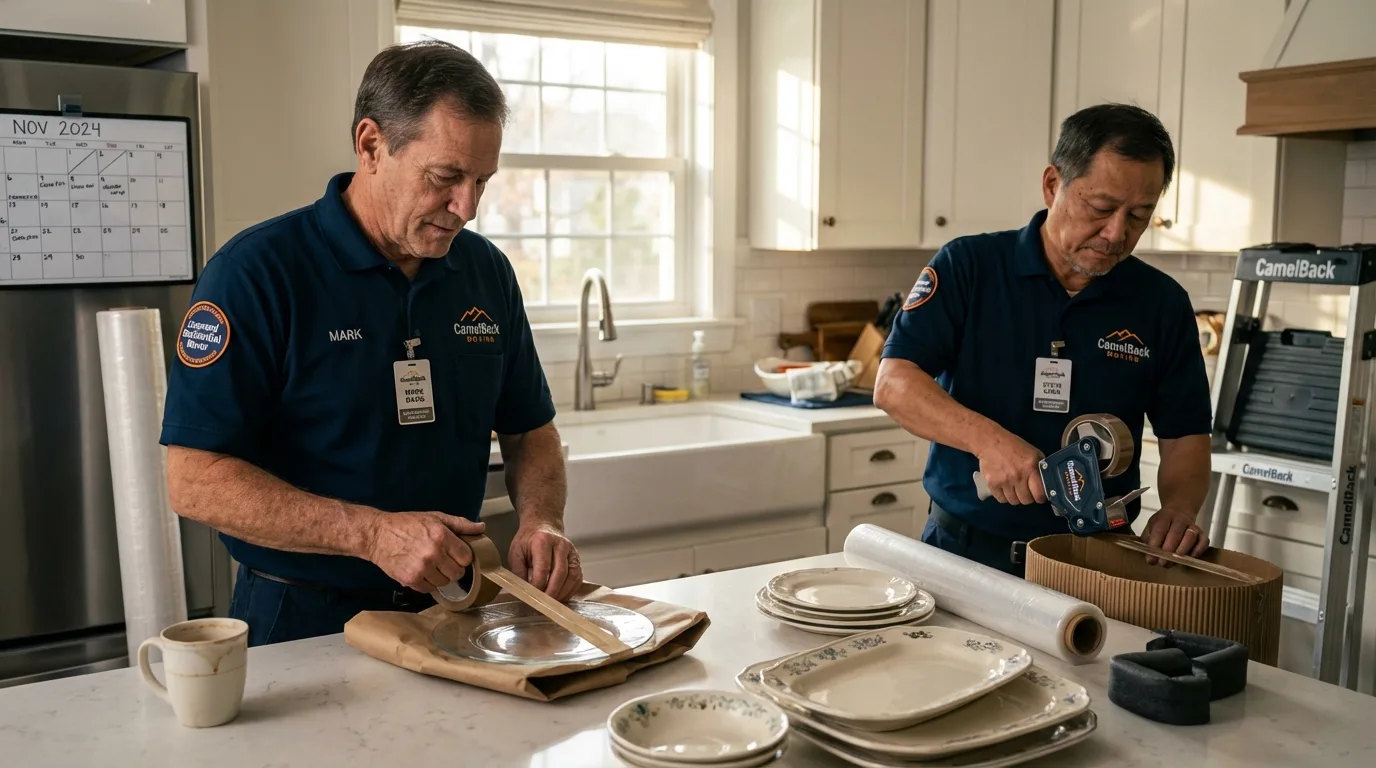 Professional crew packing kitchen dishware in Baxter, MN